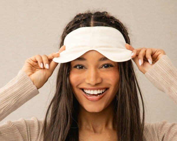 Reversible Silk & Merino Wool Sleep Mask with person