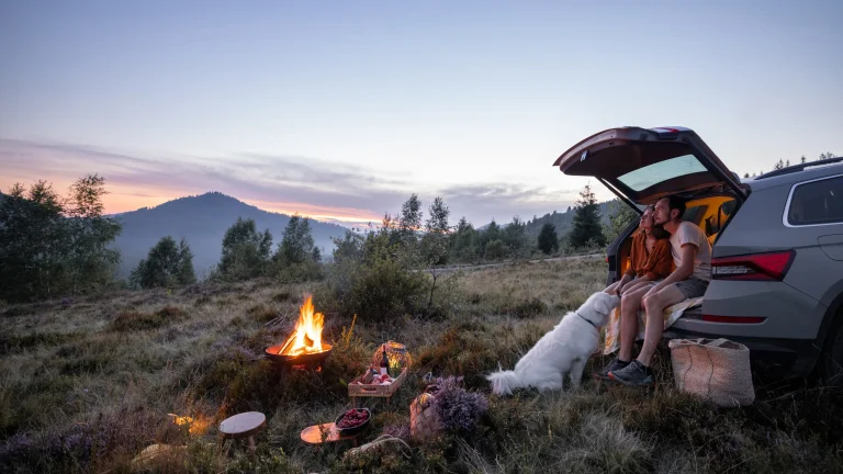 a man, a woman and a white dog, sitting in a car trunk next to a camp fire during dusk